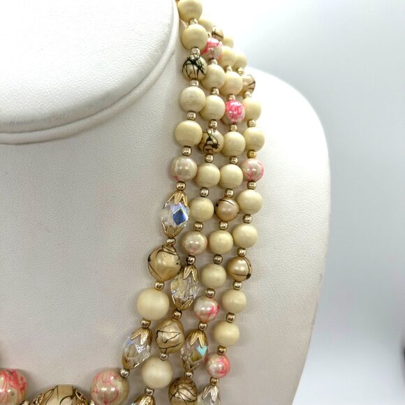 Vintage 4-Strand Japan Necklace Pink Swirled Beads Glass Acrylic Gold-Tone 1950s - Picture 8 of 16
